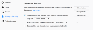 Screenshot der Konfiguration des Firefoxbrowsers um die Daten zu löschen