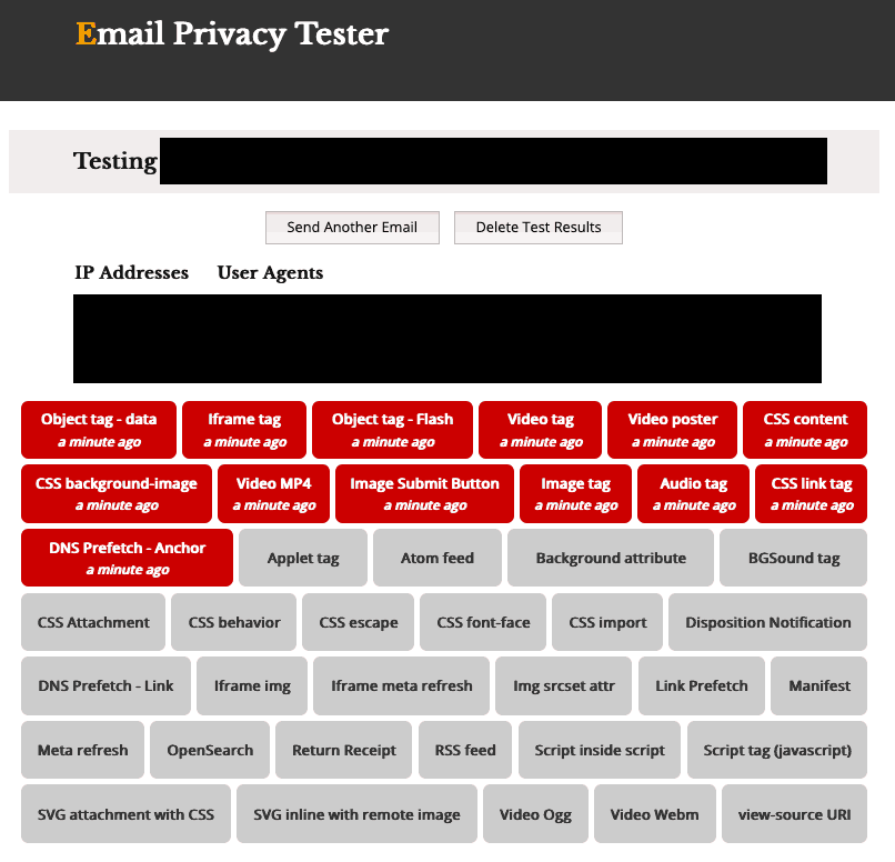 Beispiel Email Privacy Tester zum Ausprobieren von Email Tracking